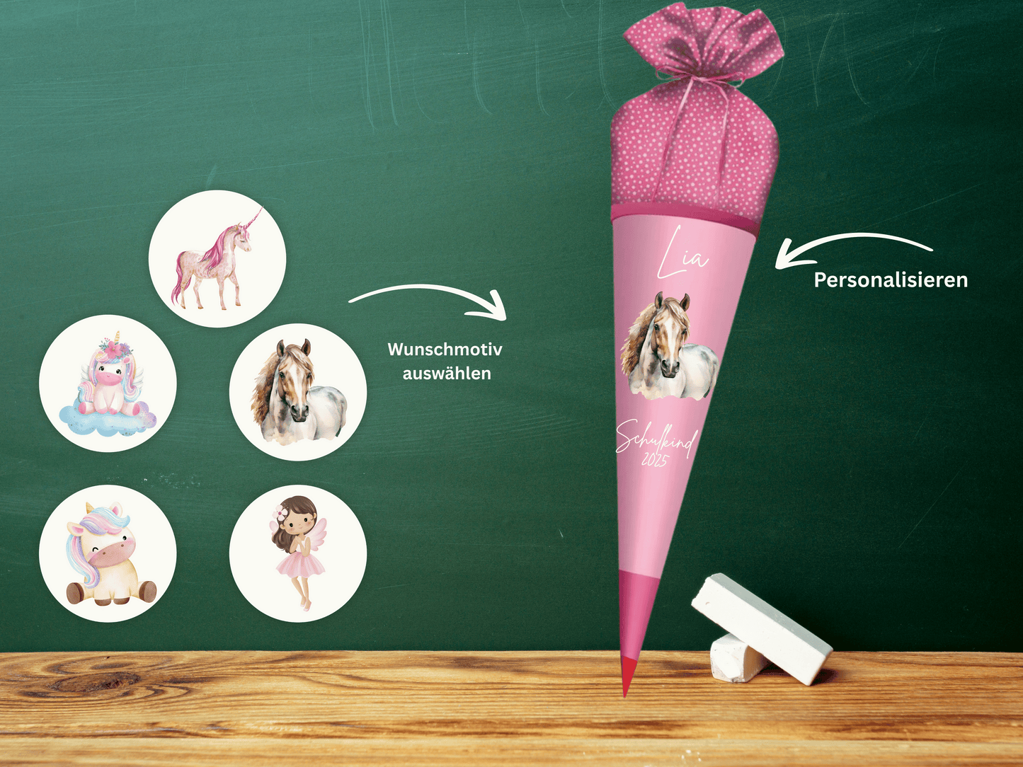 Schultüte aus Stoff personalisiert Rosa Mit Namen & Wunschmotiv | Für Mädchen & Jungen