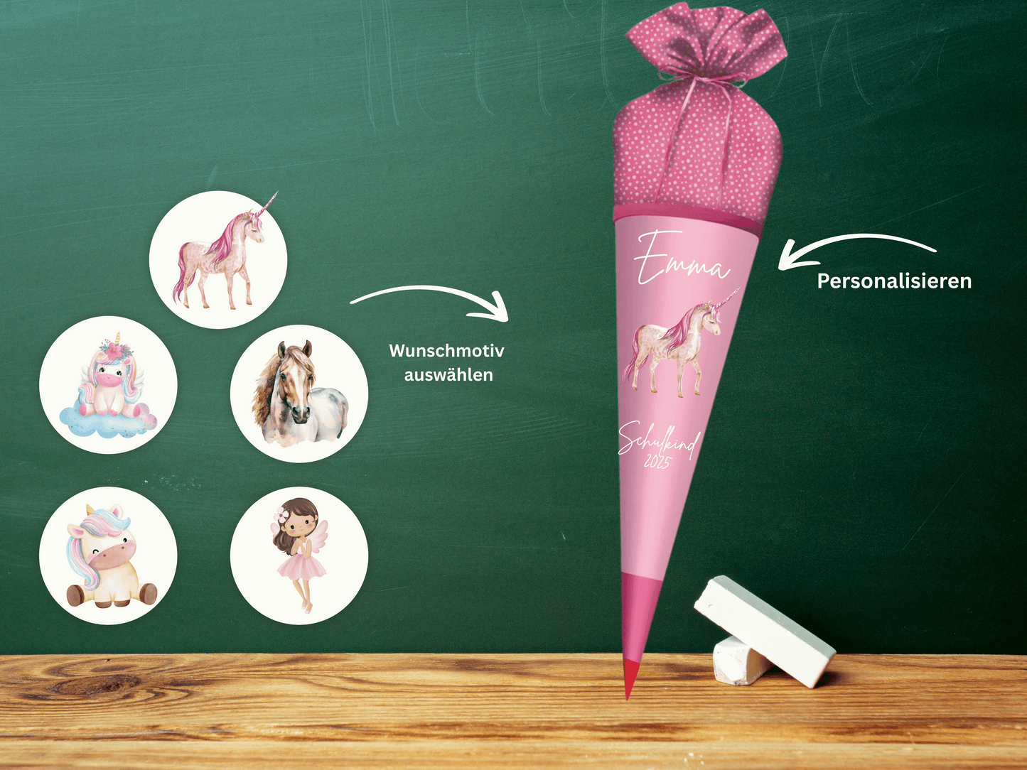 Schultüte aus Stoff personalisiert Rosa Mit Namen & Wunschmotiv | Für Mädchen & Jungen