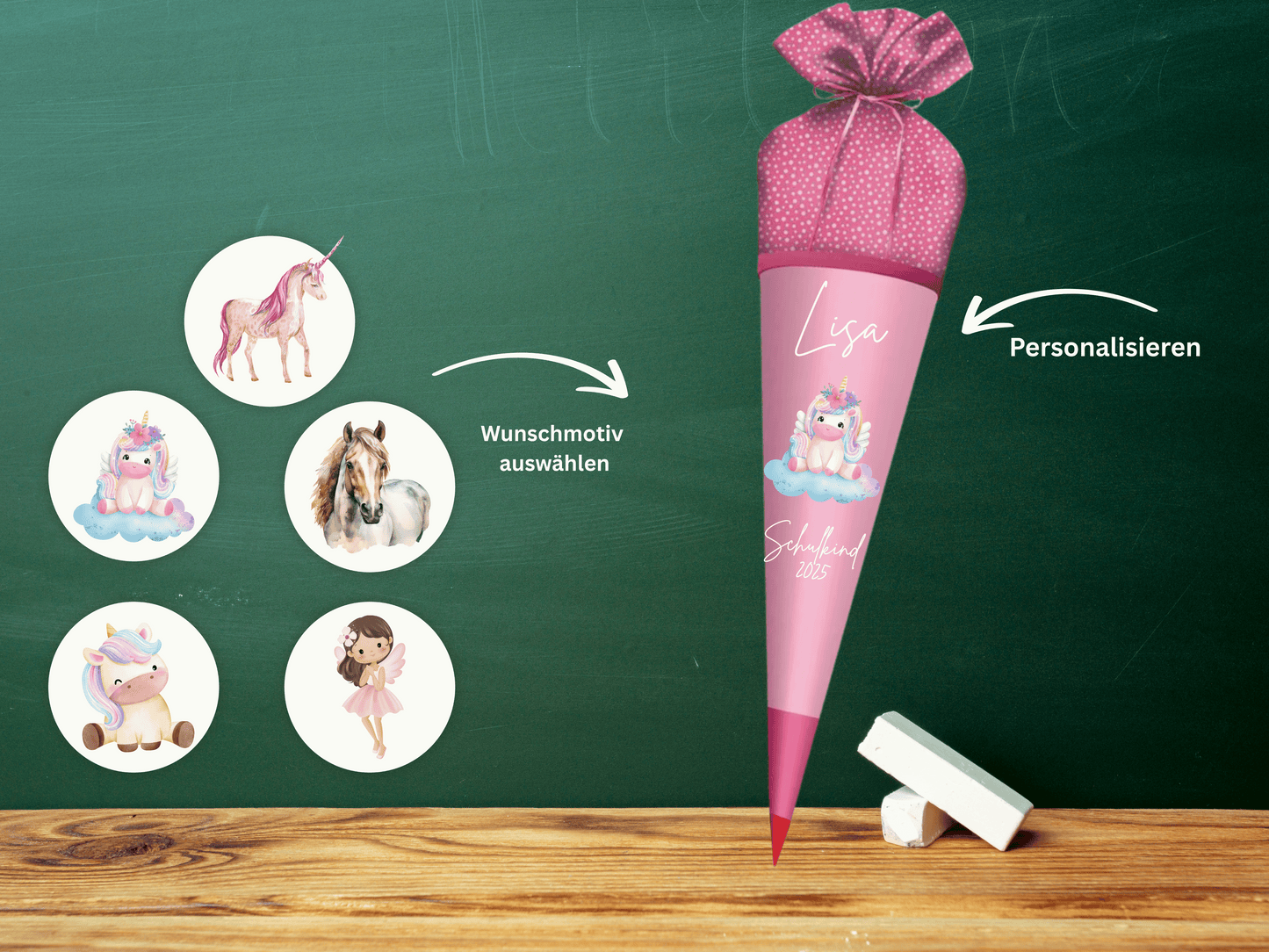 Schultüte aus Stoff personalisiert Rosa Mit Namen & Wunschmotiv | Für Mädchen & Jungen