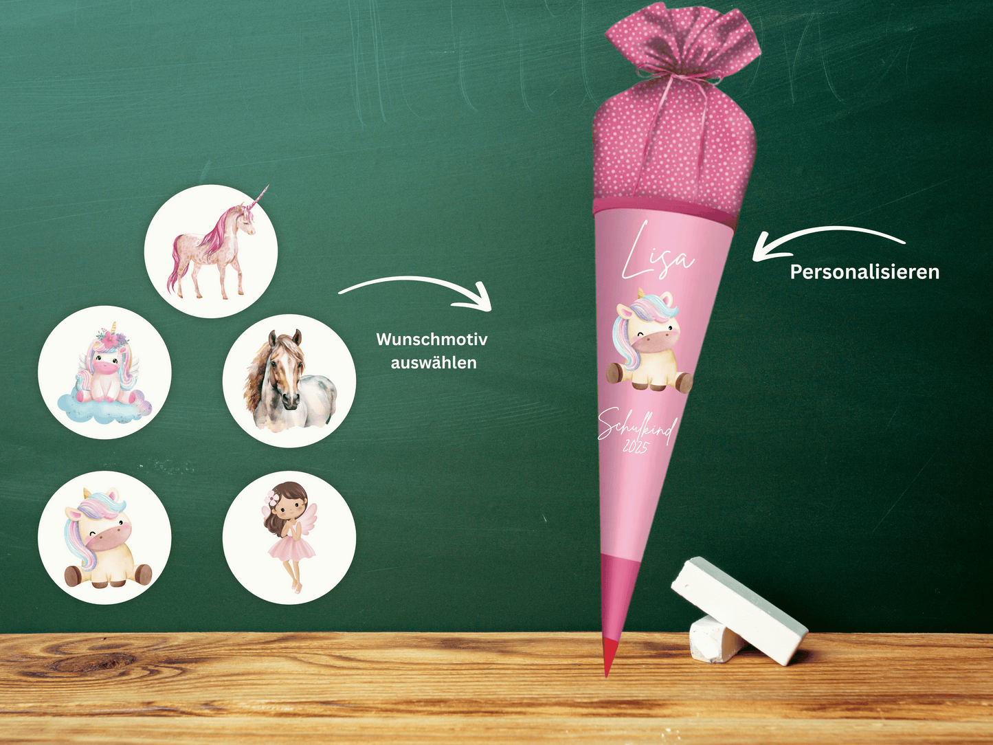 Schultüte aus Stoff personalisiert Rosa Mit Namen & Wunschmotiv | Für Mädchen & Jungen