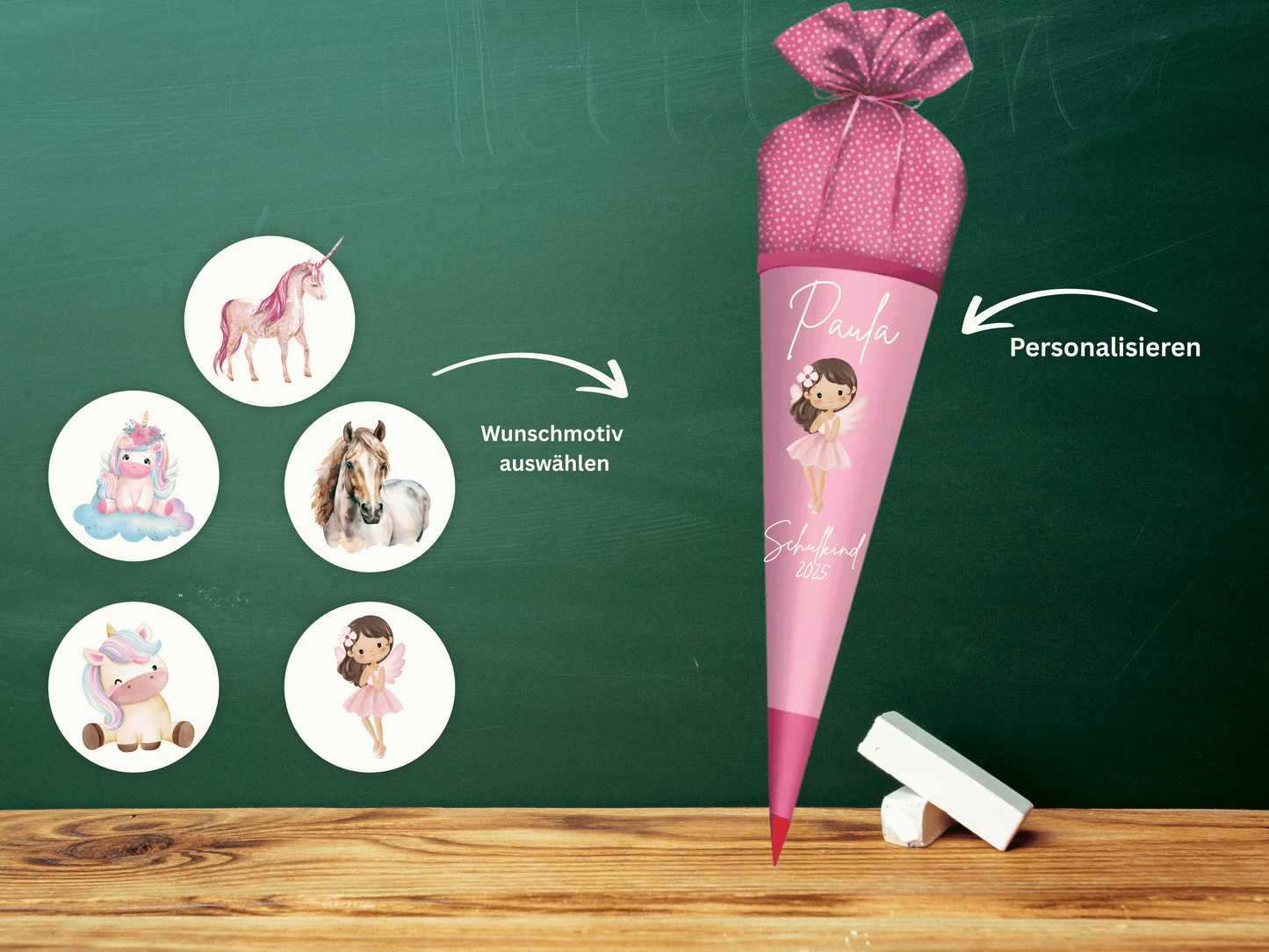 Schultüte aus Stoff personalisiert Rosa Mit Namen & Wunschmotiv | Für Mädchen & Jungen