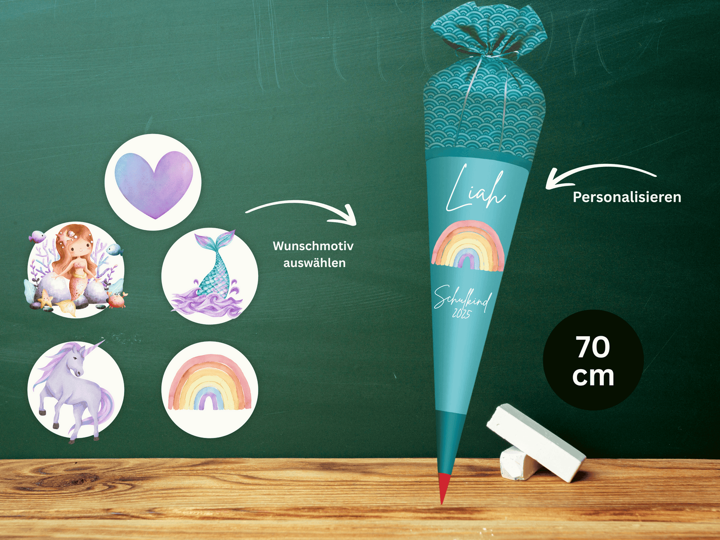 Schultüte aus Stoff personalisiert Aqua| Mit Namen & Wunschmotiv | Für Mädchen & Jungen
