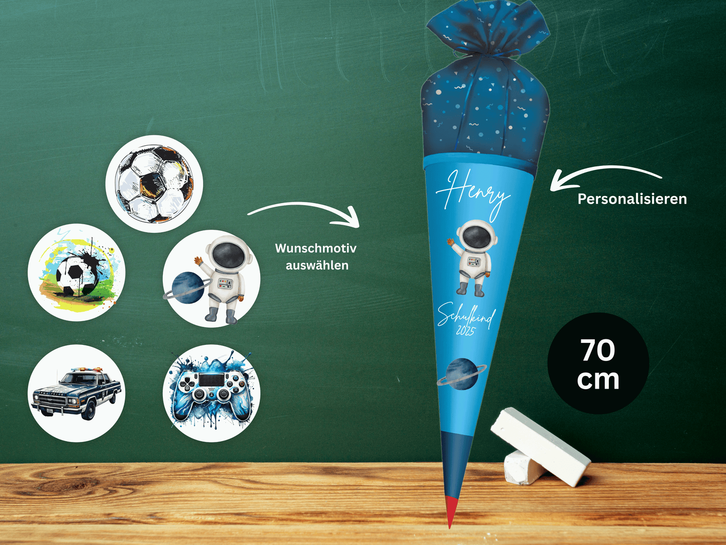 Schultüte aus Stoff personalisiert Blau Mit Namen & Wunschmotiv | Für Mädchen & Jungen