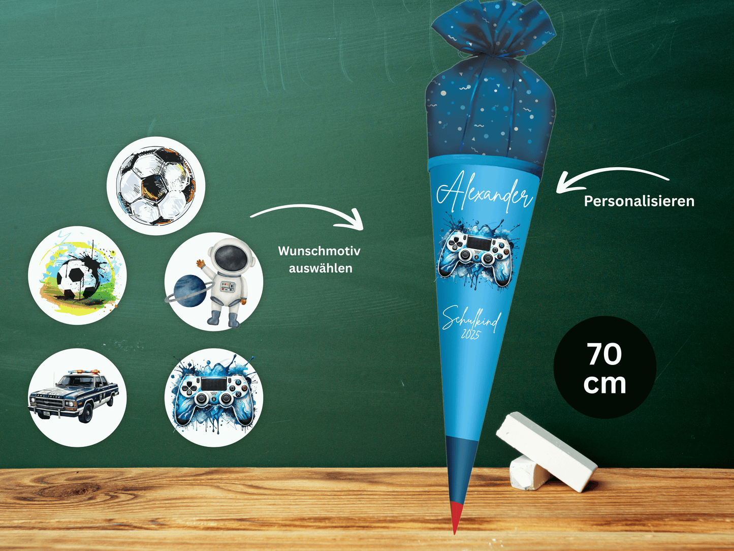 Schultüte aus Stoff personalisiert Blau Mit Namen & Wunschmotiv | Für Mädchen & Jungen