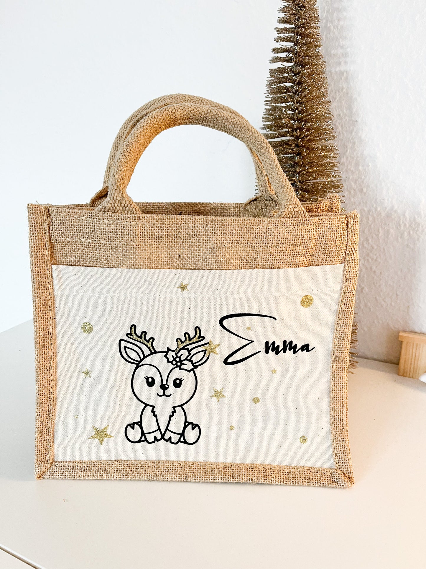 Personalisierte Jute Tasche Weihnachten, Rentier, Kinder, Nikolaus, Geschenketasche