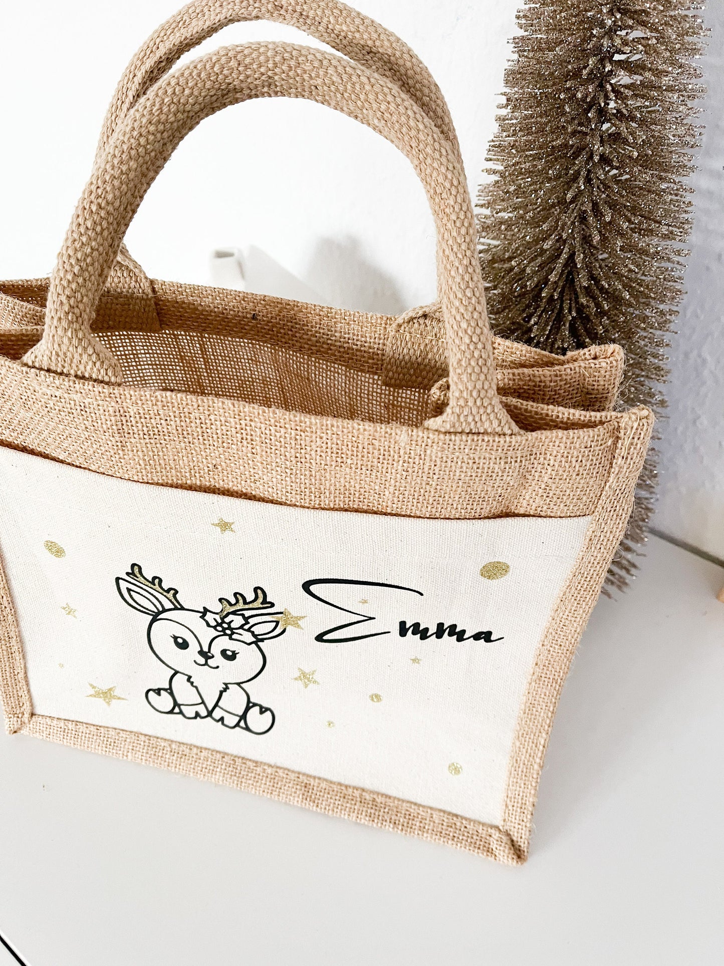 Personalisierte Jute Tasche Weihnachten, Rentier, Kinder, Nikolaus, Geschenketasche