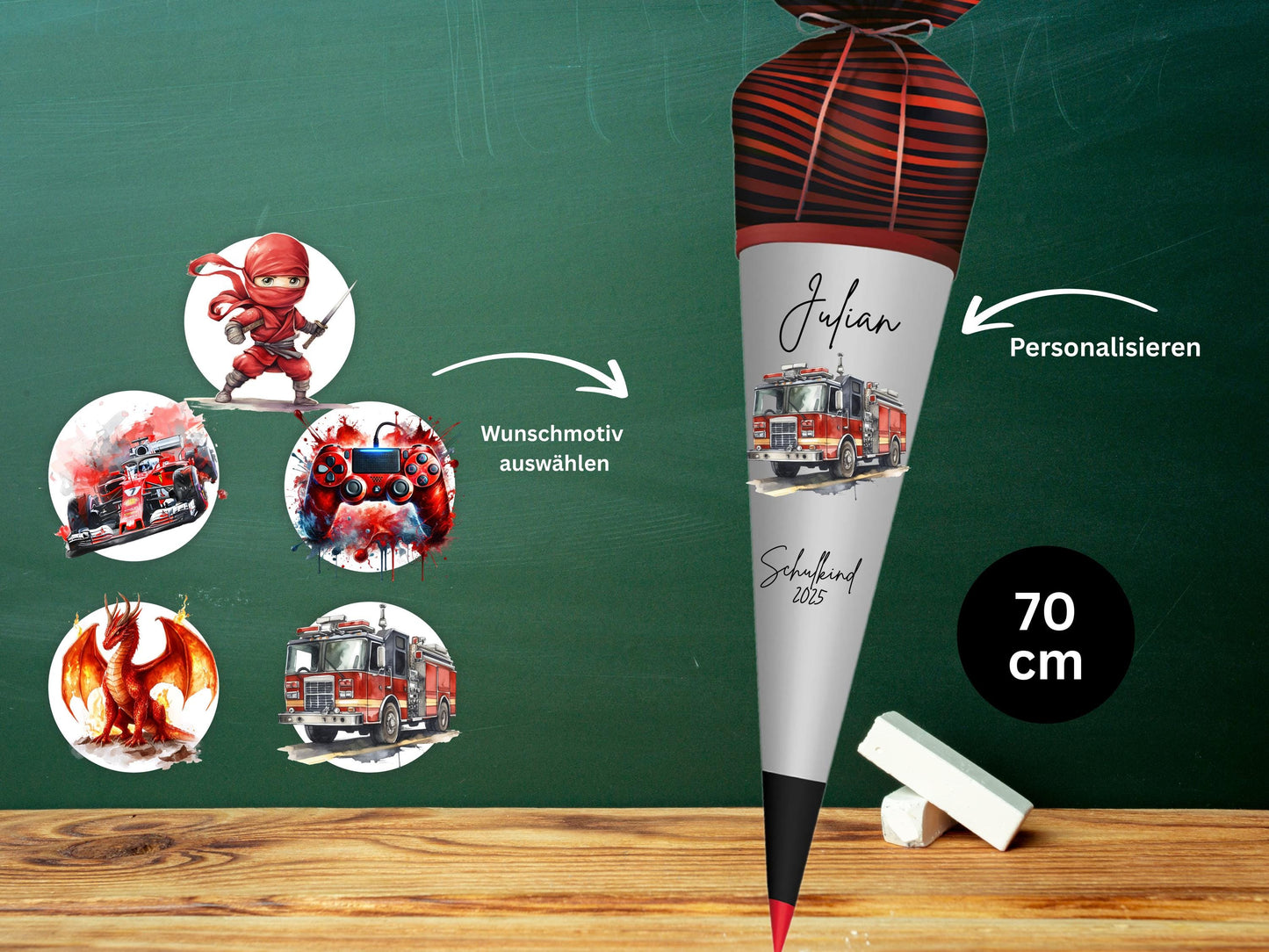 Schultüte aus Stoff | Wunschmotiv | Personalisiert mit Namen | Wunschname | Junge | Rot Schwarz