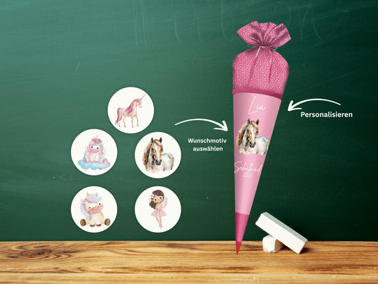 Schultüte aus Stoff personalisiert Rosa Mit Namen & Wunschmotiv | Für Mädchen & Jungen