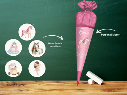 Schultüte aus Stoff personalisiert Rosa Mit Namen & Wunschmotiv | Für Mädchen & Jungen