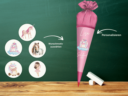 Schultüte aus Stoff personalisiert Rosa Mit Namen & Wunschmotiv | Für Mädchen & Jungen