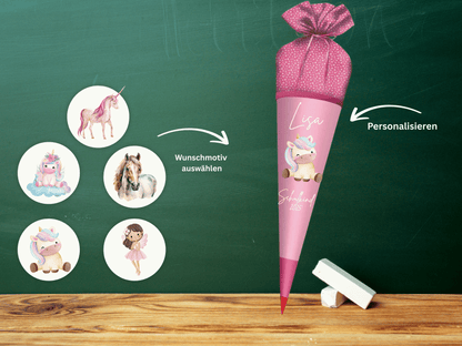 Schultüte aus Stoff personalisiert Rosa Mit Namen & Wunschmotiv | Für Mädchen & Jungen