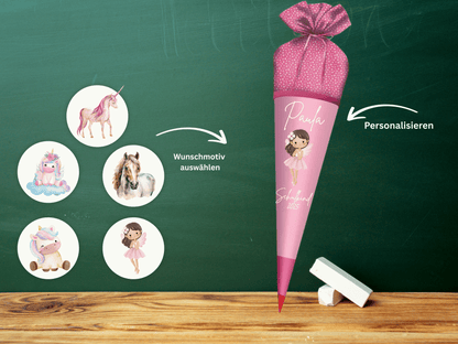Schultüte aus Stoff personalisiert Rosa Mit Namen & Wunschmotiv | Für Mädchen & Jungen