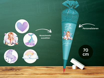 Schultüte aus Stoff personalisiert Aqua| Mit Namen & Wunschmotiv | Für Mädchen & Jungen