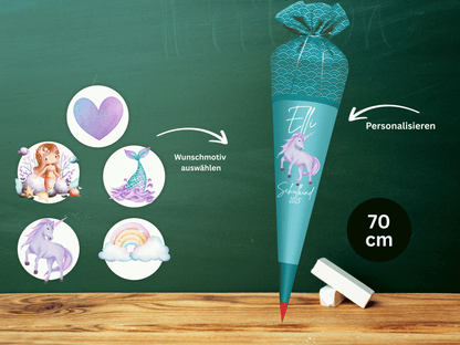 Schultüte aus Stoff personalisiert Aqua| Mit Namen & Wunschmotiv | Für Mädchen & Jungen