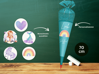Schultüte aus Stoff personalisiert Aqua| Mit Namen & Wunschmotiv | Für Mädchen & Jungen
