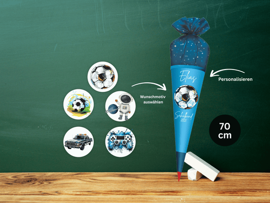 Schultüte aus Stoff personalisiert Blau Mit Namen & Wunschmotiv | Für Mädchen & Jungen