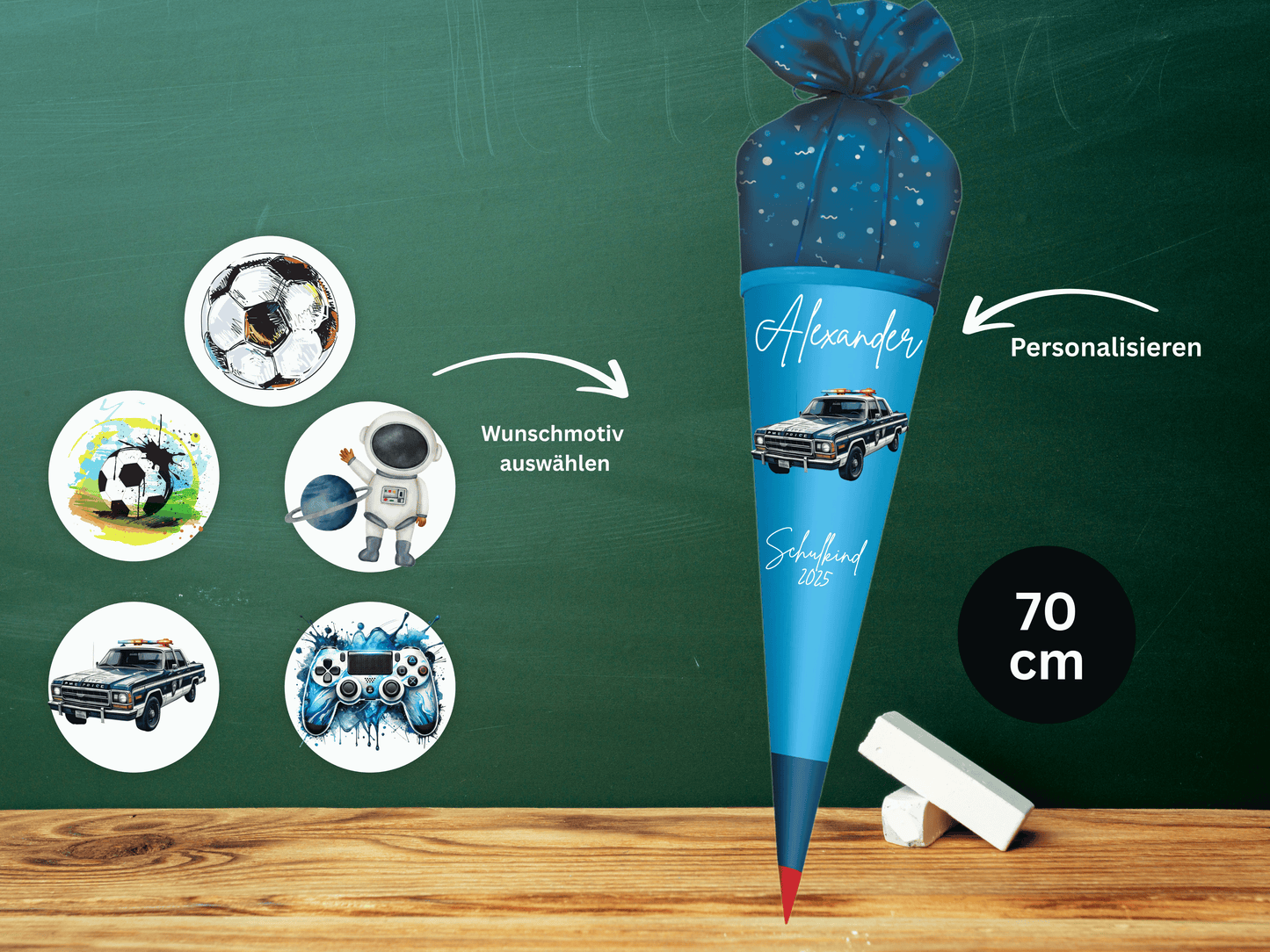 Schultüte aus Stoff personalisiert Blau Mit Namen & Wunschmotiv | Für Mädchen & Jungen
