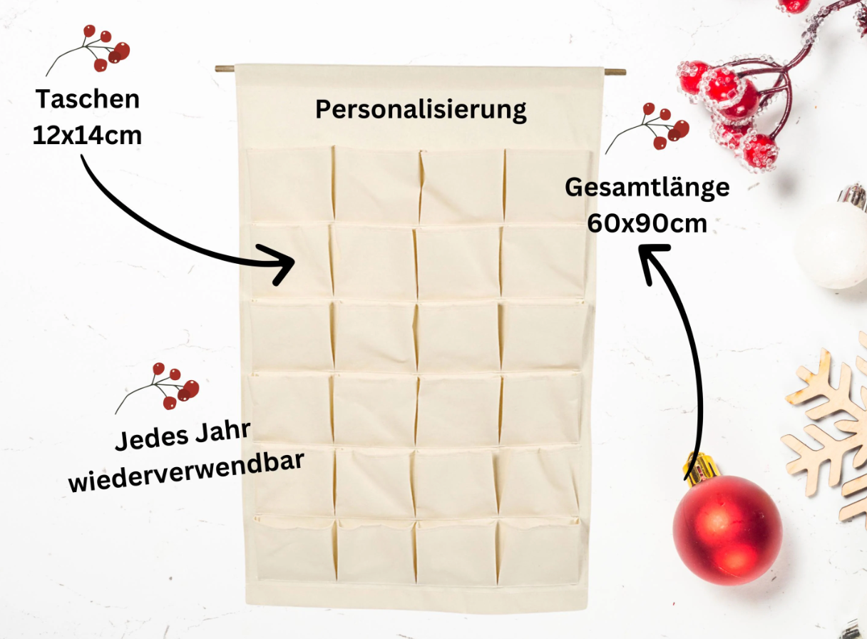 Personalisierter Stoff-Adventskalender mit Namen | Zahlenfarbe wählbar