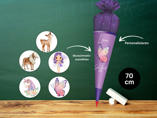Schultüte aus Stoff personalisiert lila | Mit Namen & Wunschmotiv | Für Mädchen & Jungen