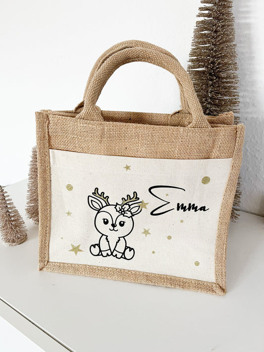 Personalisierte Jute Tasche Weihnachten, Rentier, Kinder, Nikolaus, Geschenketasche