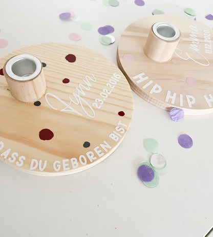 Personalisiertes Geburtstagsbrettchen, Geburtstagskrank, Geburtstagsscheibe, Kerzenhalter aus Holz, Kindergeburtstag