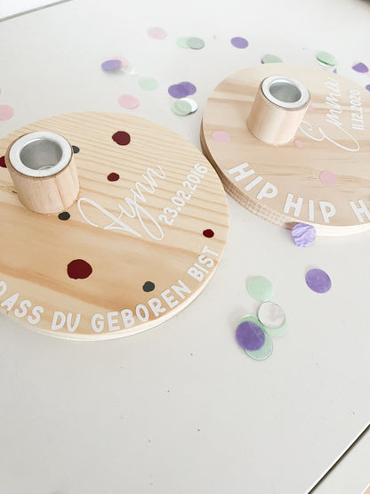 Personalisiertes Geburtstagsbrettchen, Geburtstagskrank, Geburtstagsscheibe, Kerzenhalter aus Holz, Kindergeburtstag