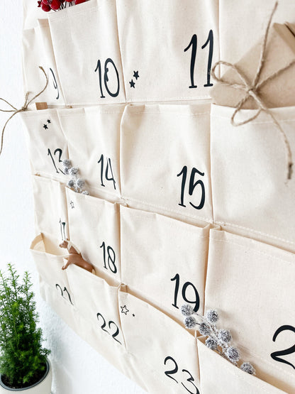 DIY Adventskalender Stoff  personalisierbar mit Namen  zum Selbstgestalten & Befüllen  wiederverwendbar  neutral beige  mit Anleitung