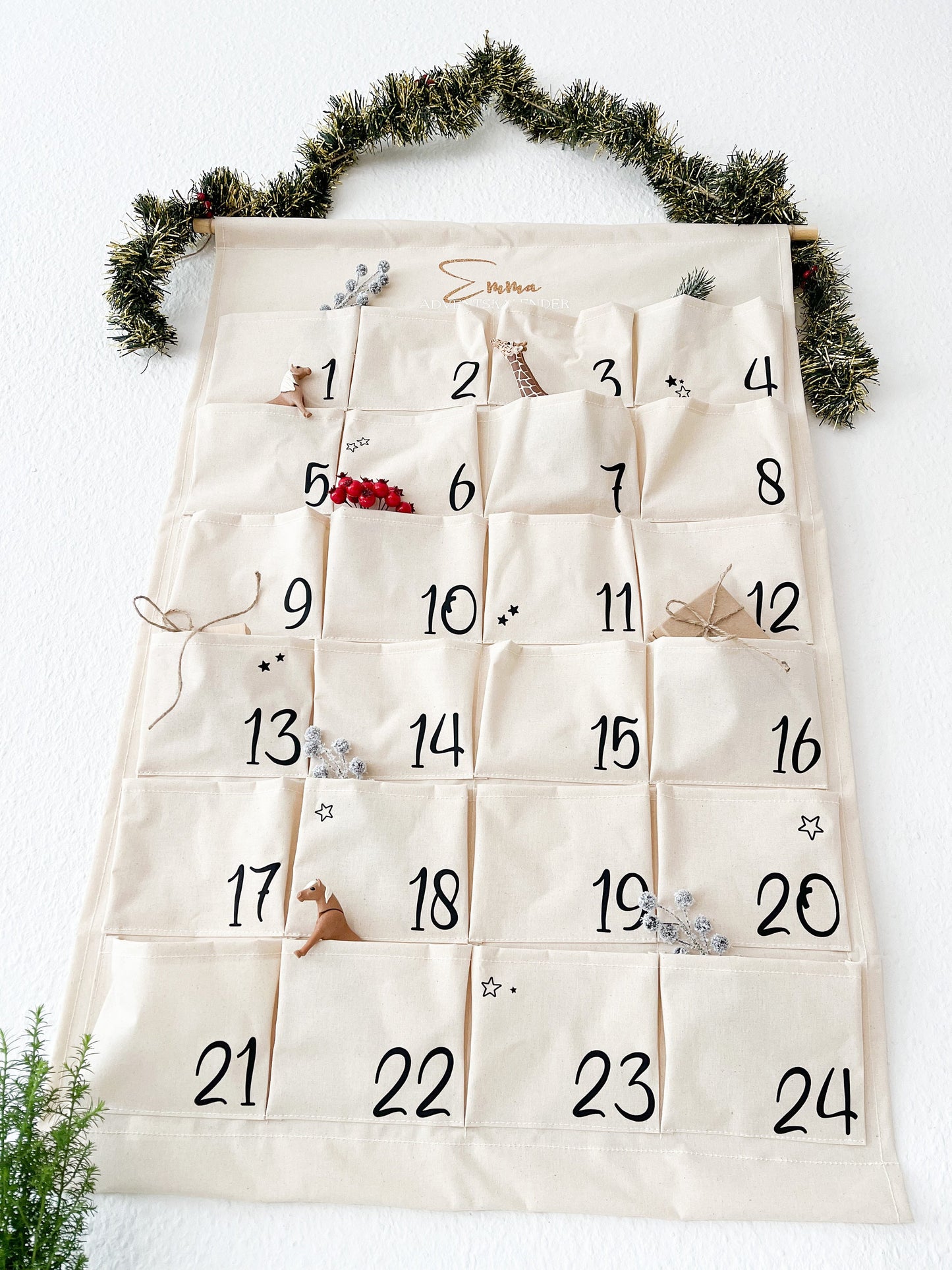 DIY Adventskalender Stoff  personalisierbar mit Namen  zum Selbstgestalten & Befüllen  wiederverwendbar  neutral beige  mit Anleitung
