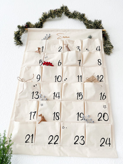 DIY Adventskalender Stoff  personalisierbar mit Namen  zum Selbstgestalten & Befüllen  wiederverwendbar  neutral beige  mit Anleitung