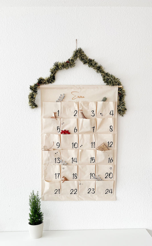 DIY Adventskalender Stoff  personalisierbar mit Namen  zum Selbstgestalten & Befüllen  wiederverwendbar  neutral beige  mit Anleitung