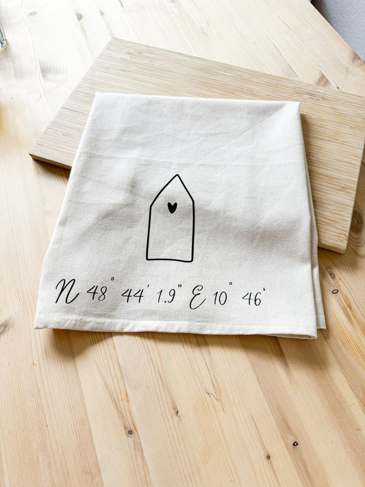 Personalisiertes Geschirrtuch | Breitengrad |Abtrockentuch | Geburtstag | Einzug |Bauherren | Muttertag