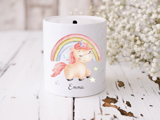 Personalisierte Einhorn Spardose mit Namen| Geschenk für Mädchen | Geburt | Taufe |