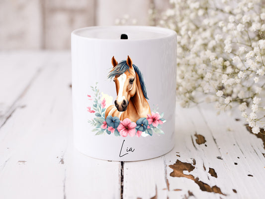 Personalisierte Pferde Spardose mit Namen| Geschenk für Mädchen | Geburt | Taufe | Pferdemädchen | Geburtstag