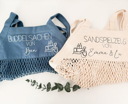 Sandspielzeugtasche | Tasche Sandspielzeug personalisiert | Netzbeutel | Netztasche Sandspielzeug | Spielplatztasche für Kinder