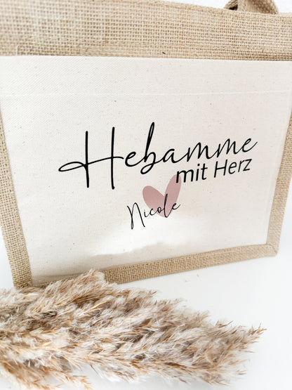 Jute Tasche Hebamme mit Herz | Geschenk Hebamme | Jute Beutel | Personalisierte Geschenke | Kleines Geschenk | Danke | Beste Hebamme