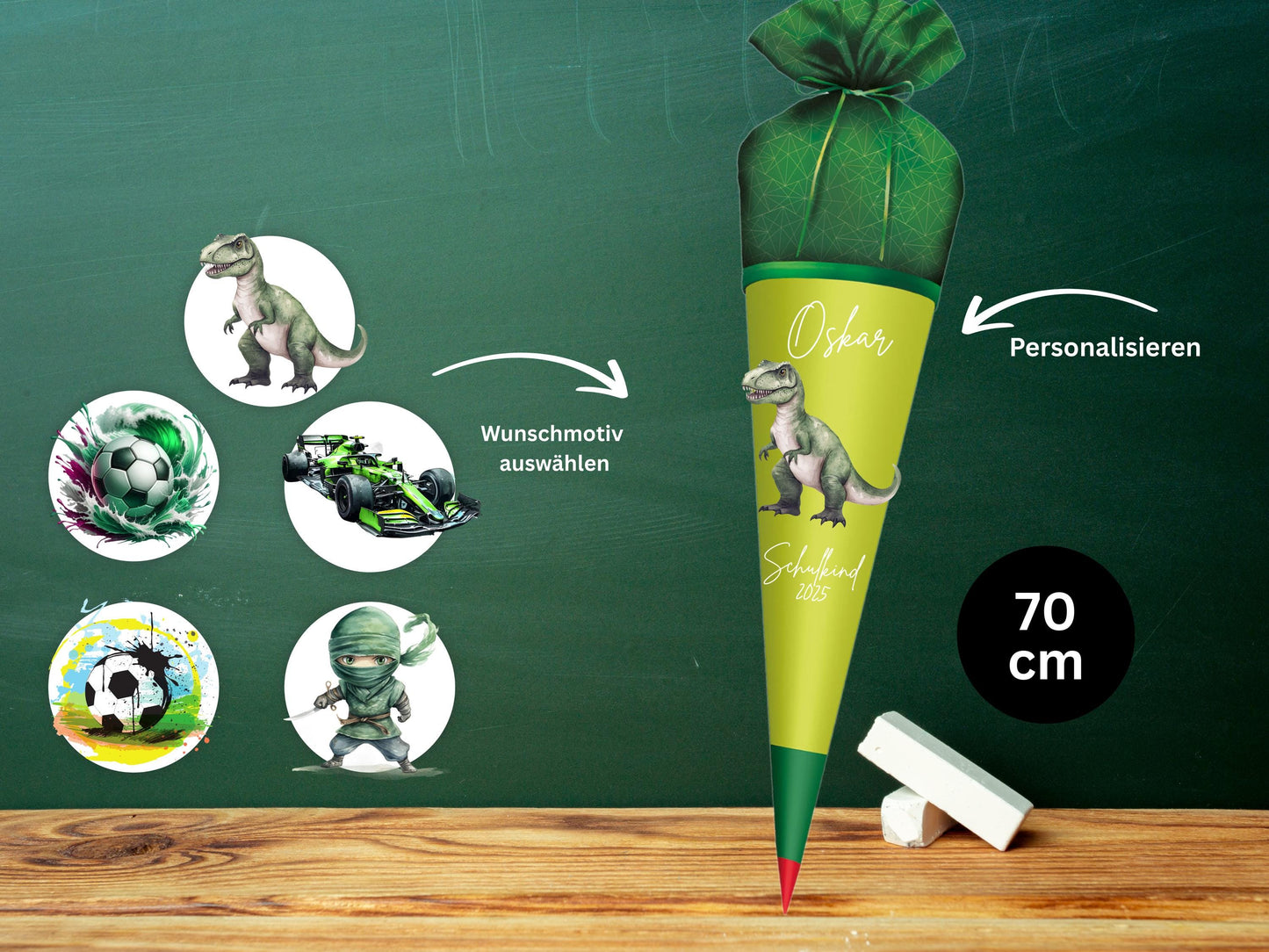 Schultüte aus Stoff |Wunschmotiv |Personalisiert mit Namen |Wunschname| Junge| Grün