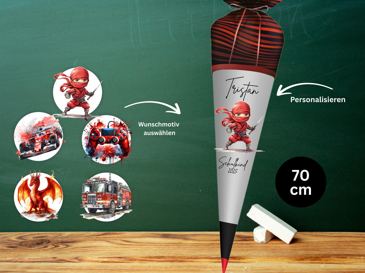 Schultüte aus Stoff | Wunschmotiv | Personalisiert mit Namen | Wunschname | Junge | Rot Schwarz