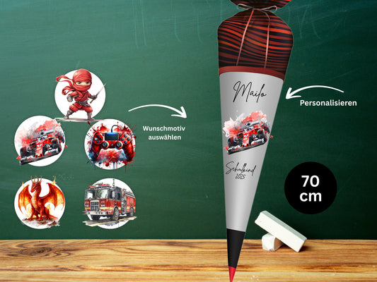 Schultüte aus Stoff | Wunschmotiv | Personalisiert mit Namen | Wunschname | Junge | Rot Schwarz