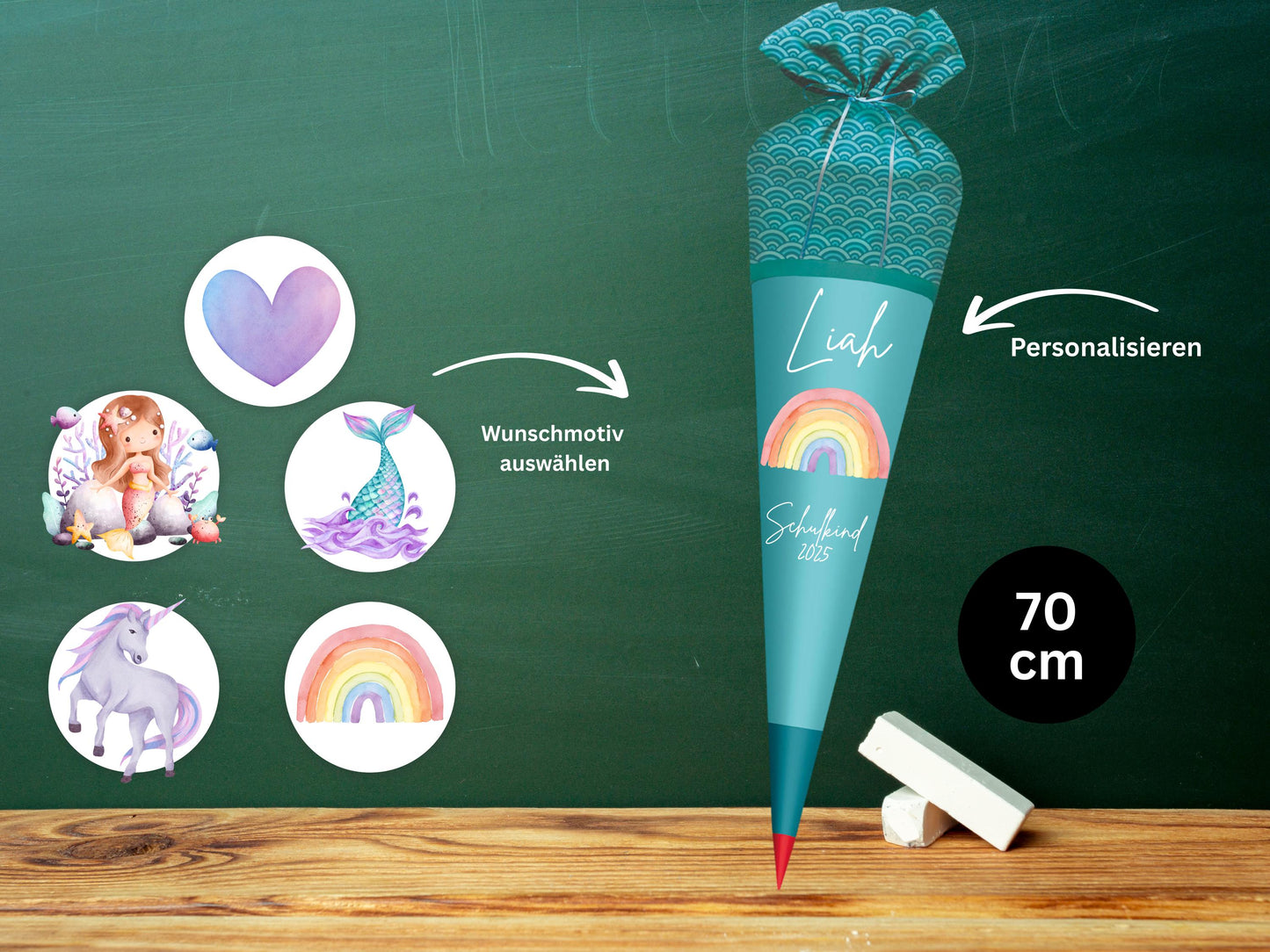 Schultüte aus Stoff | Wunschmotiv | Personalisiert mit Namen | Wunschname | Mädchen | Aqua