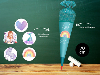 Schultüte aus Stoff | Wunschmotiv | Personalisiert mit Namen | Wunschname | Mädchen | Aqua