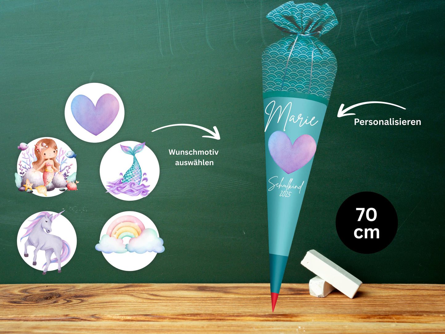 Schultüte aus Stoff | Wunschmotiv | Personalisiert mit Namen | Wunschname | Mädchen | Aqua