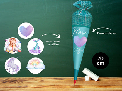 Schultüte aus Stoff | Wunschmotiv | Personalisiert mit Namen | Wunschname | Mädchen | Aqua