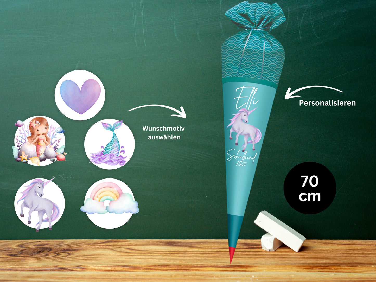 Schultüte aus Stoff | Wunschmotiv | Personalisiert mit Namen | Wunschname | Mädchen | Aqua