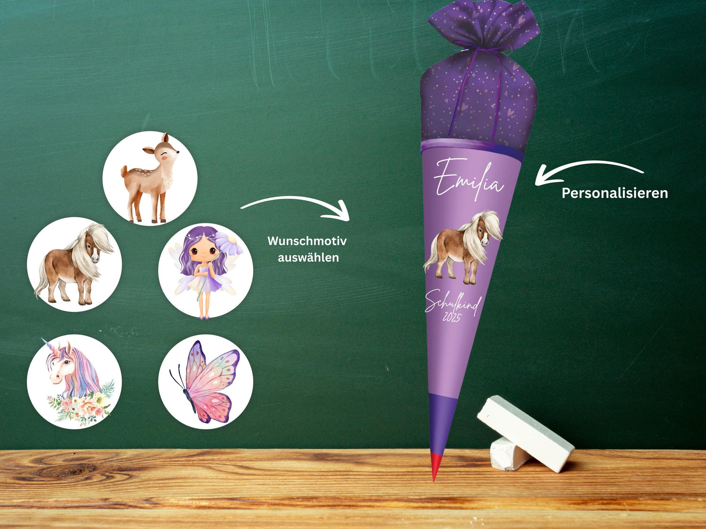 Schultüte aus Stoff | Wunschmotiv | Personalisiert mit Namen | Wunschname | Mädchen | Lila