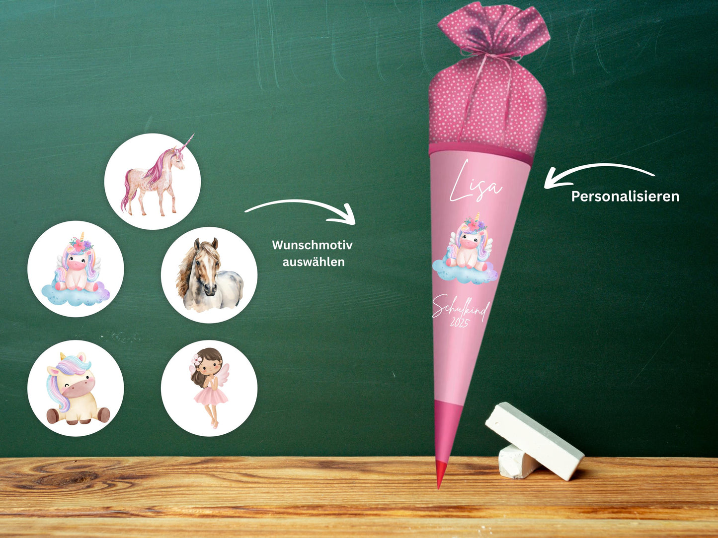 Schultüte aus Stoff | Wunschmotiv | Personalisiert mit Namen | Wunschname | Mädchen | Rosa