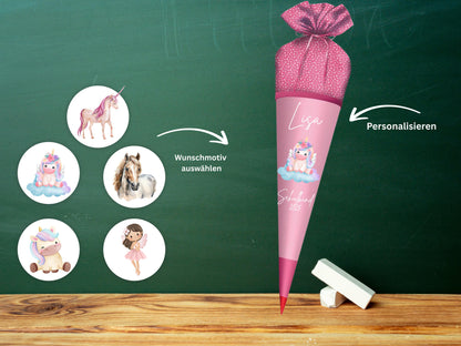 Schultüte aus Stoff | Wunschmotiv | Personalisiert mit Namen | Wunschname | Mädchen | Rosa