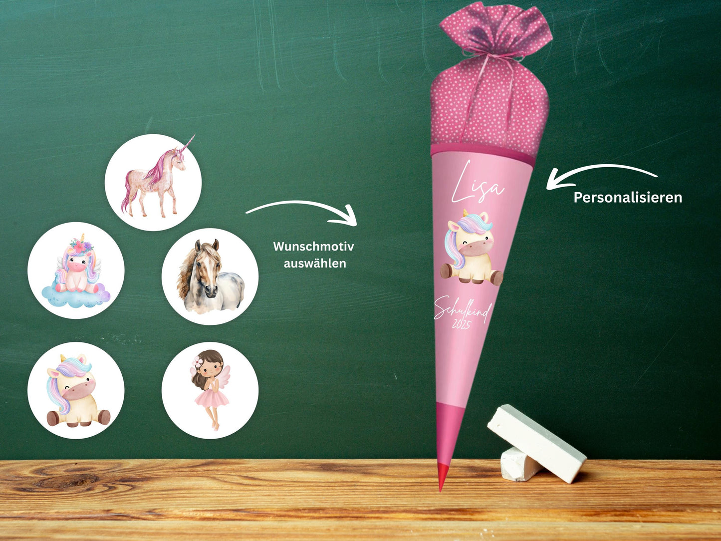 Schultüte aus Stoff | Wunschmotiv | Personalisiert mit Namen | Wunschname | Mädchen | Rosa