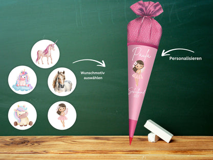 Schultüte aus Stoff | Wunschmotiv | Personalisiert mit Namen | Wunschname | Mädchen | Rosa