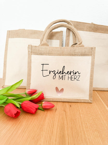 Jutetasche Erzieherin mit Herz | Geschenktasche | Dankeschön | Lehrerin Abschiedsgeschenk | personalisiert