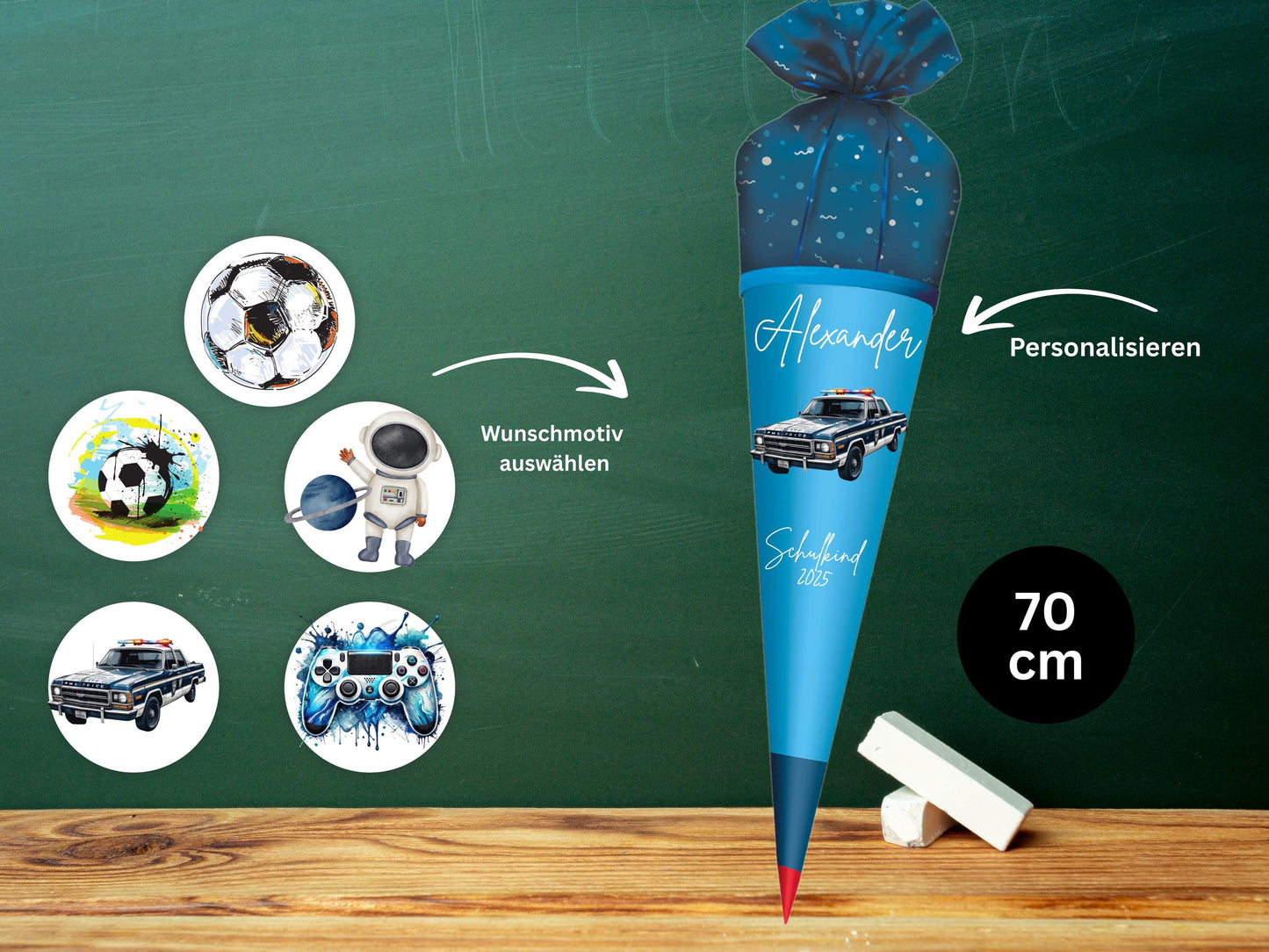 Schultüte aus Stoff |Wunschmotiv |Personalisiert mit Namen |Wunschname| Junge| Blau